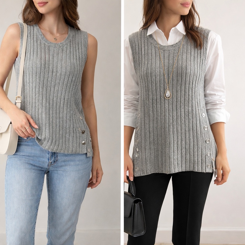 POL Gray Ribbed Buttoned Tank Top